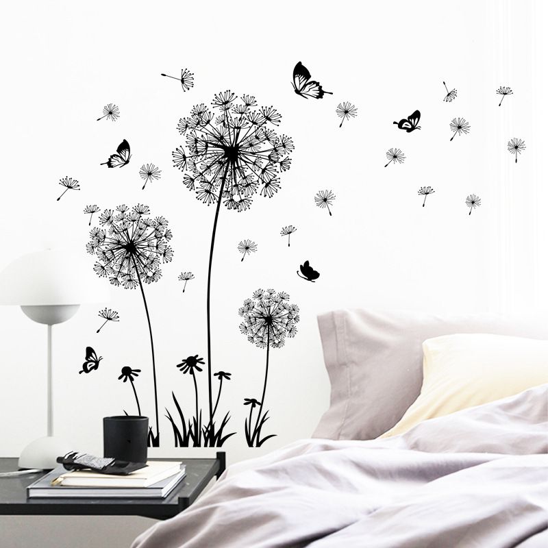 Black Romantic Dandelion Stickers Home Decor Self-adhesive TV Sofa Backdrop Decoration Wall Decals Flower Stickers Murals Butterflies  Removable Wall Art
