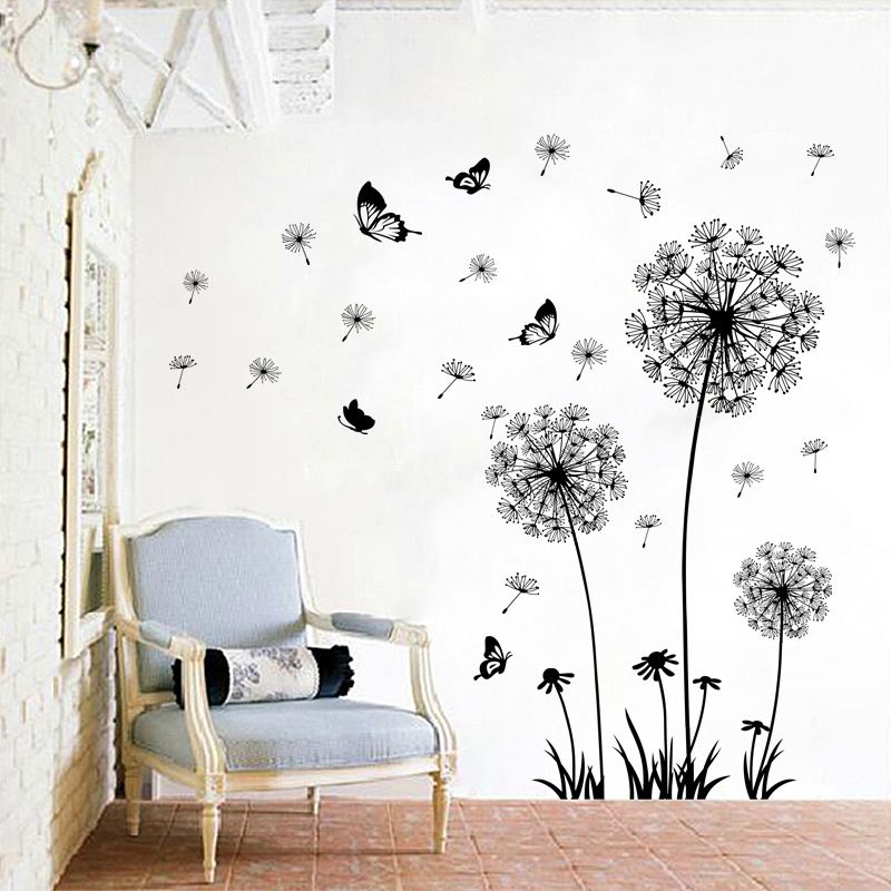 Black Romantic Dandelion Stickers Home Decor Self-adhesive TV Sofa Backdrop Decoration Wall Decals Flower Stickers Murals Butterflies  Removable Wall Art