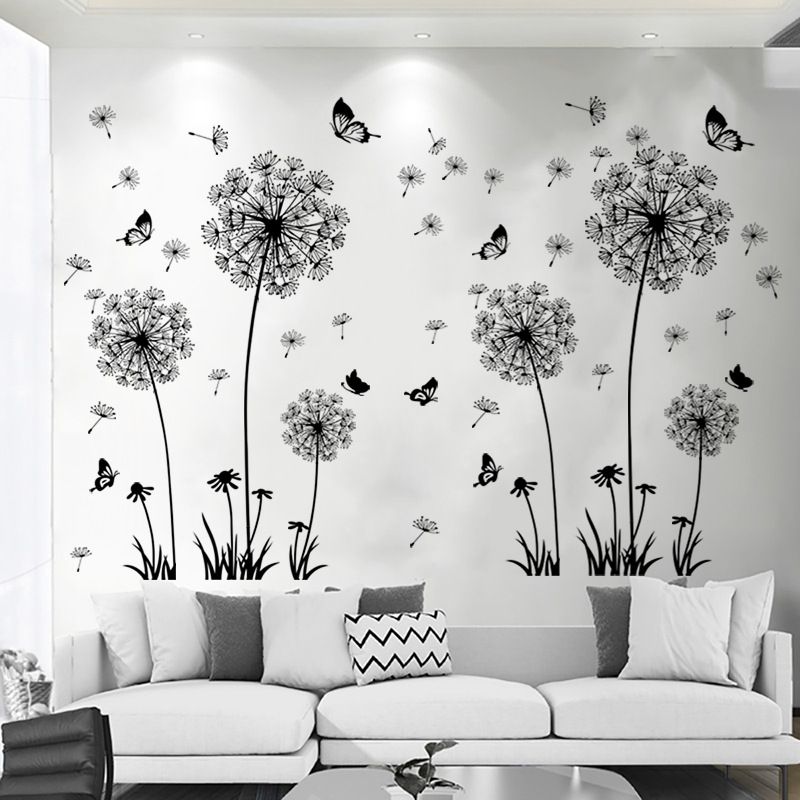 Black Romantic Dandelion Stickers Home Decor Self-adhesive TV Sofa Backdrop Decoration Wall Decals Flower Stickers Murals Butterflies  Removable Wall Art