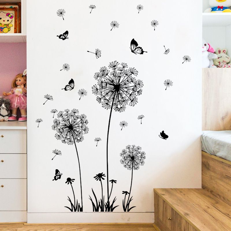 Black Romantic Dandelion Stickers Home Decor Self-adhesive TV Sofa Backdrop Decoration Wall Decals Flower Stickers Murals Butterflies  Removable Wall Art