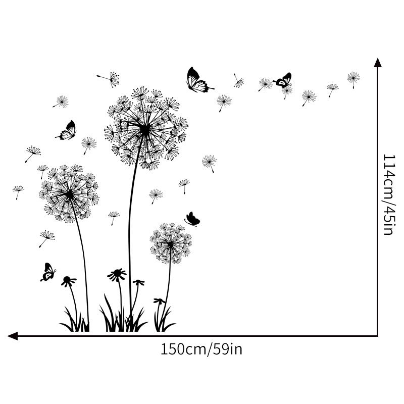 Black Romantic Dandelion Stickers Home Decor Self-adhesive TV Sofa Backdrop Decoration Wall Decals Flower Stickers Murals Butterflies  Removable Wall Art