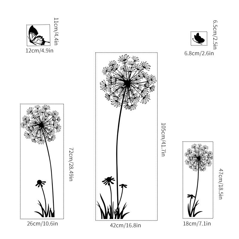 Black Romantic Dandelion Stickers Home Decor Self-adhesive TV Sofa Backdrop Decoration Wall Decals Flower Stickers Murals Butterflies  Removable Wall Art