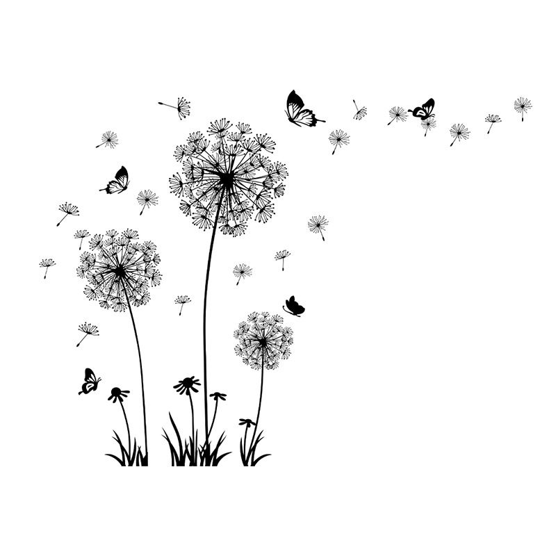 Black Romantic Dandelion Stickers Home Decor Self-adhesive TV Sofa Backdrop Decoration Wall Decals Flower Stickers Murals Butterflies  Removable Wall Art