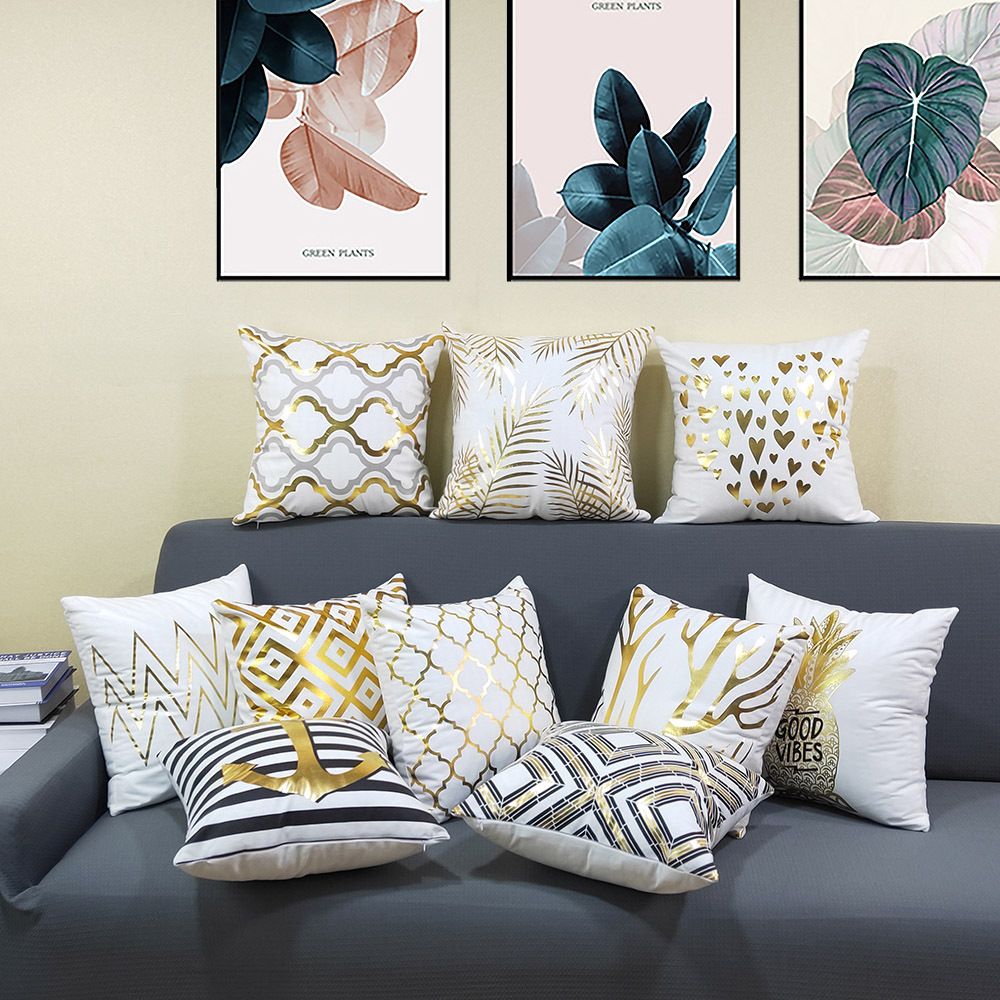 Set of 2 Throw Pillow Covers Home Decorative Gold Foil Pillow Covers 18 ×18 Inch Geometric Square Cushion Covers Decor Couch Sofa Bedroom Quality Smooth Soft Short Plush Covers