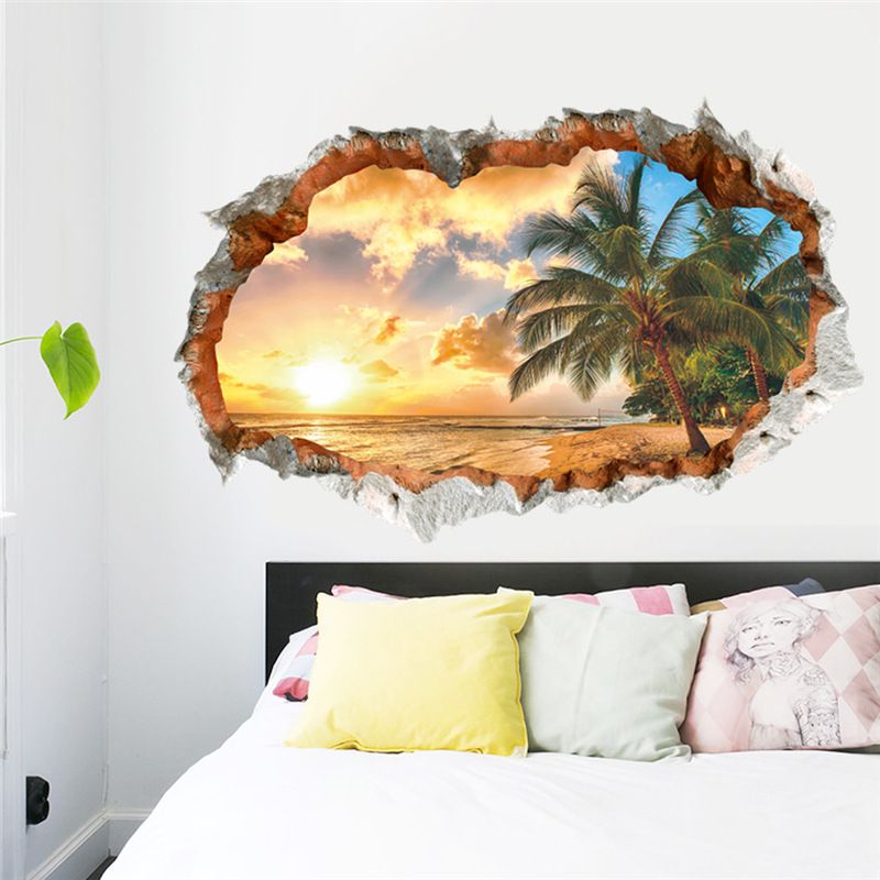 Wall Stickers Home Landscape Beach Decorative Painting New Coconut Sunrise Sticker Wall Stereoscopic Waterproof DIY Wall Stickers