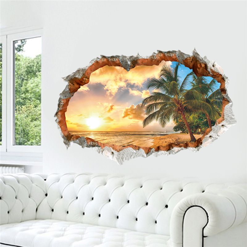 Wall Stickers Home Landscape Beach Decorative Painting New Coconut Sunrise Sticker Wall Stereoscopic Waterproof DIY Wall Stickers