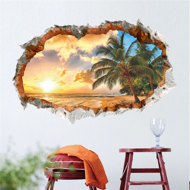 Wall Stickers Home Landscape Beach Decorative Painting New Coconut Sunrise Sticker Wall Stereoscopic Waterproof DIY Wall Stickers
