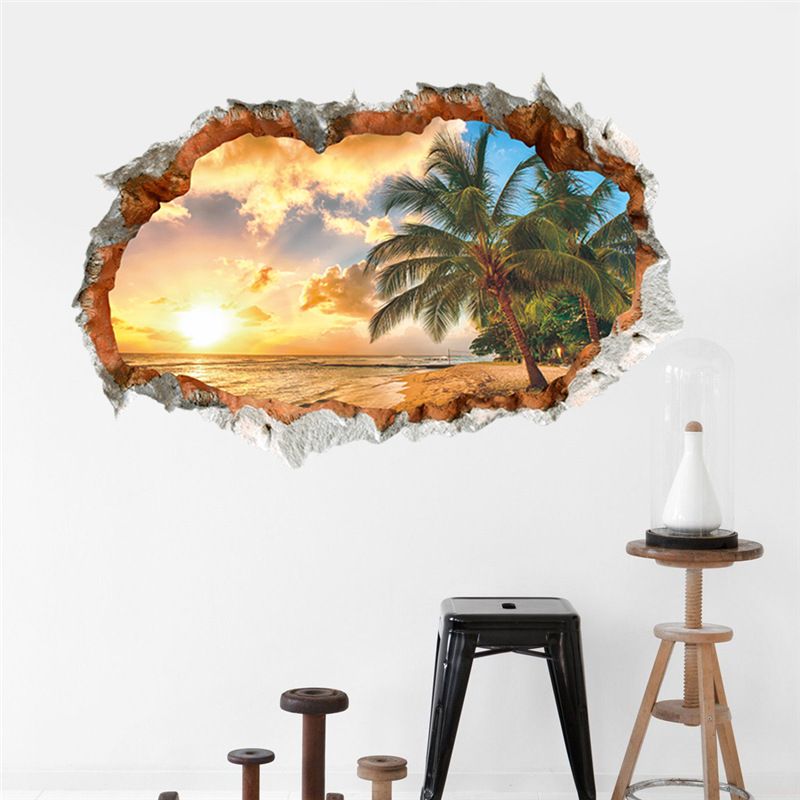Wall Stickers Home Landscape Beach Decorative Painting New Coconut Sunrise Sticker Wall Stereoscopic Waterproof DIY Wall Stickers