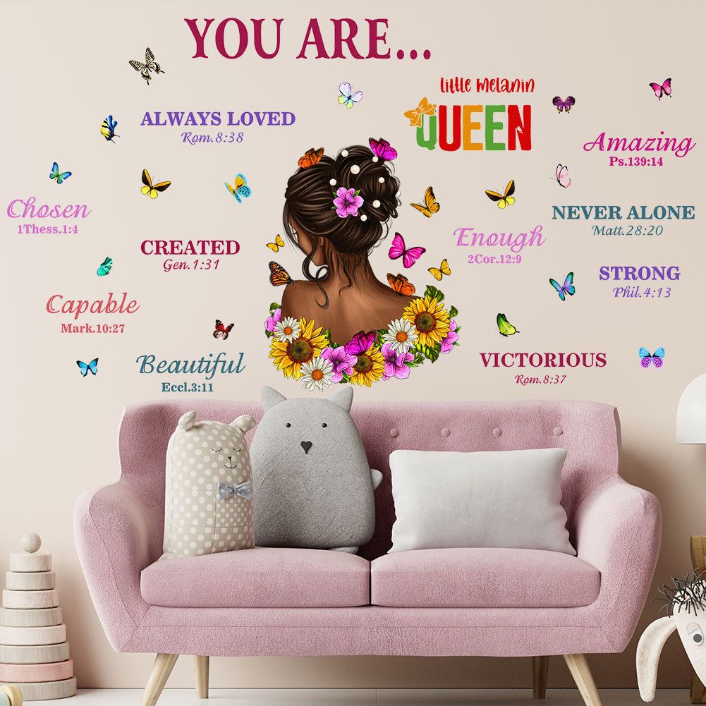 Cartoon Girl Wall Stickers Colourful English Inspirational Text Stickers Butterfly Decorative Graffiti Wallpaper Self-adhesive Stickers