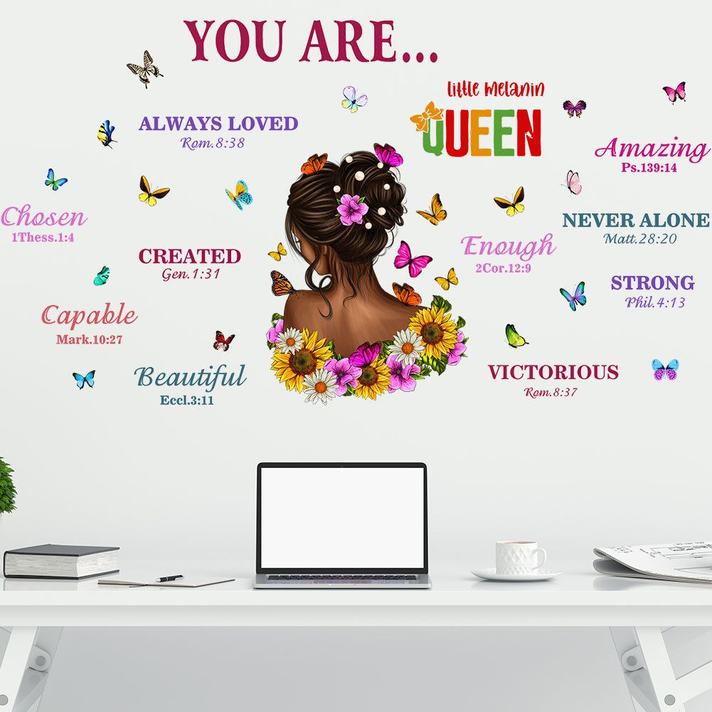 Cartoon Girl Wall Stickers Colourful English Inspirational Text Stickers Butterfly Decorative Graffiti Wallpaper Self-adhesive Stickers