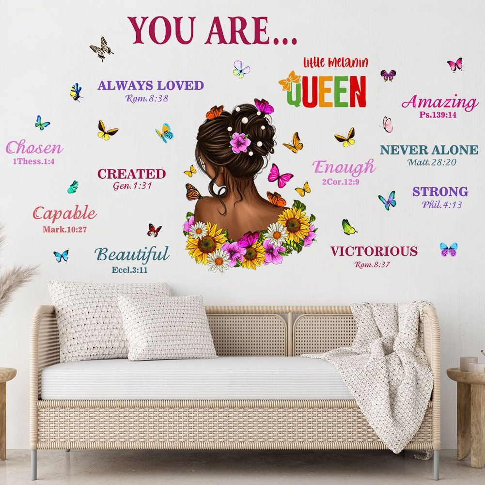 Cartoon Girl Wall Stickers Colourful English Inspirational Text Stickers Butterfly Decorative Graffiti Wallpaper Self-adhesive Stickers