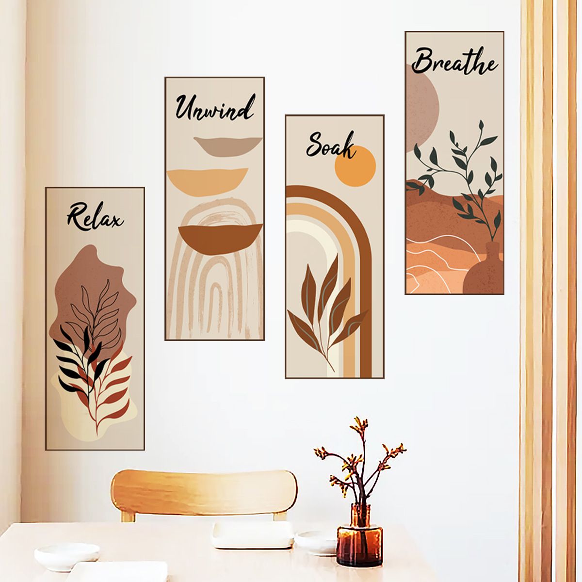 4Pcs Bohemian Style Abstract Painting Wall Stickers Background Bedroom Room Wall Decoration Self-adhesive Stickers
