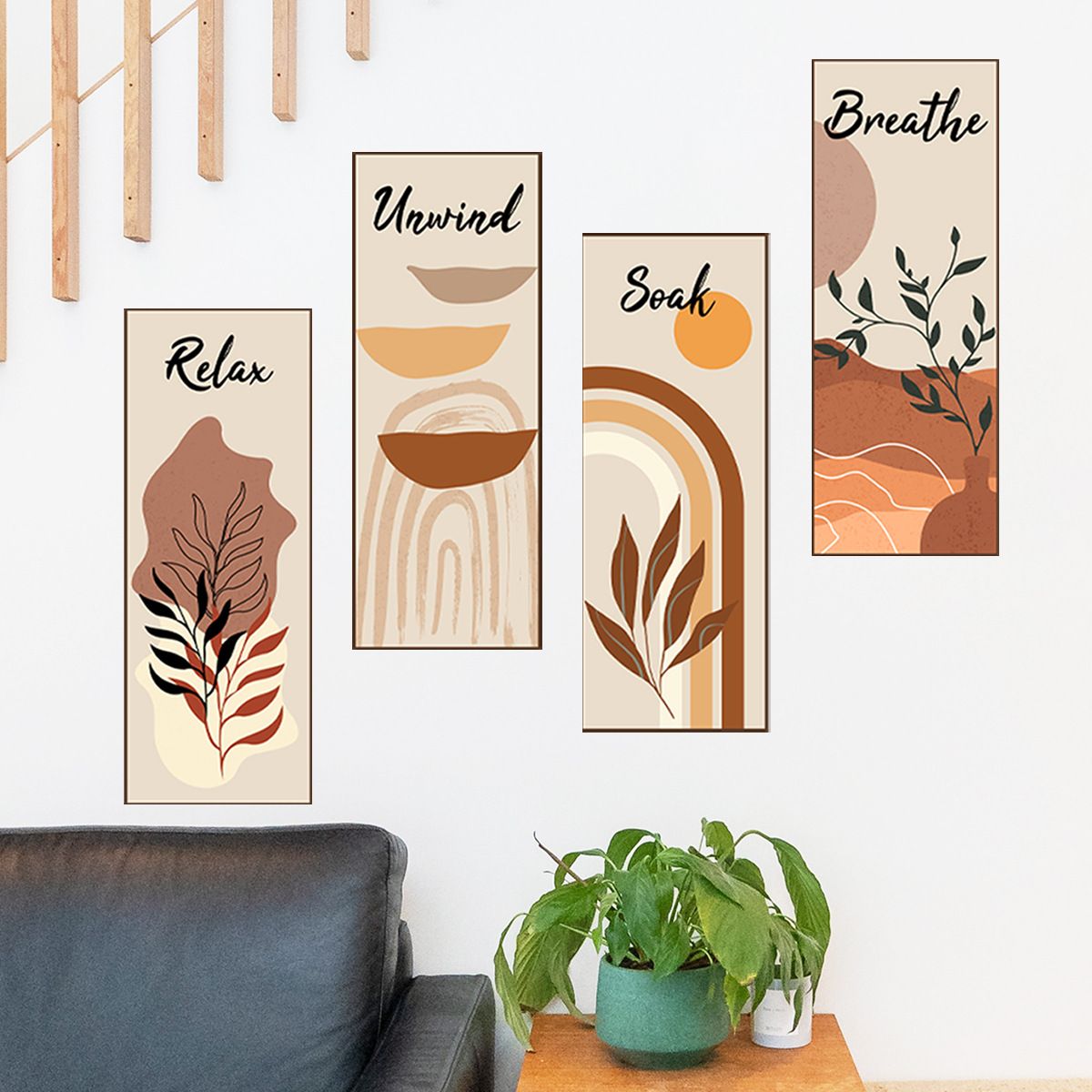 4Pcs Bohemian Style Abstract Painting Wall Stickers Background Bedroom Room Wall Decoration Self-adhesive Stickers