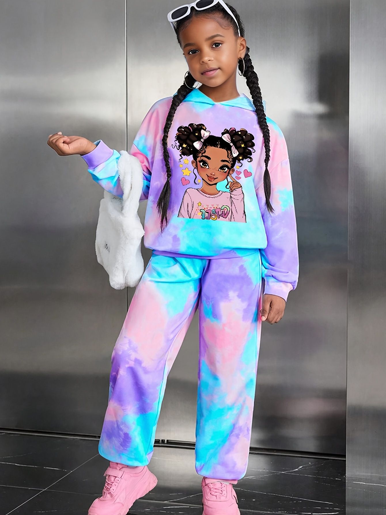 2-Piece Outfit for Ages 1-8 Years Old Girls Cool Girl Tie-Dye Printed Hoodie and Jogger Set for Kids Long Sleeve Top and Pants