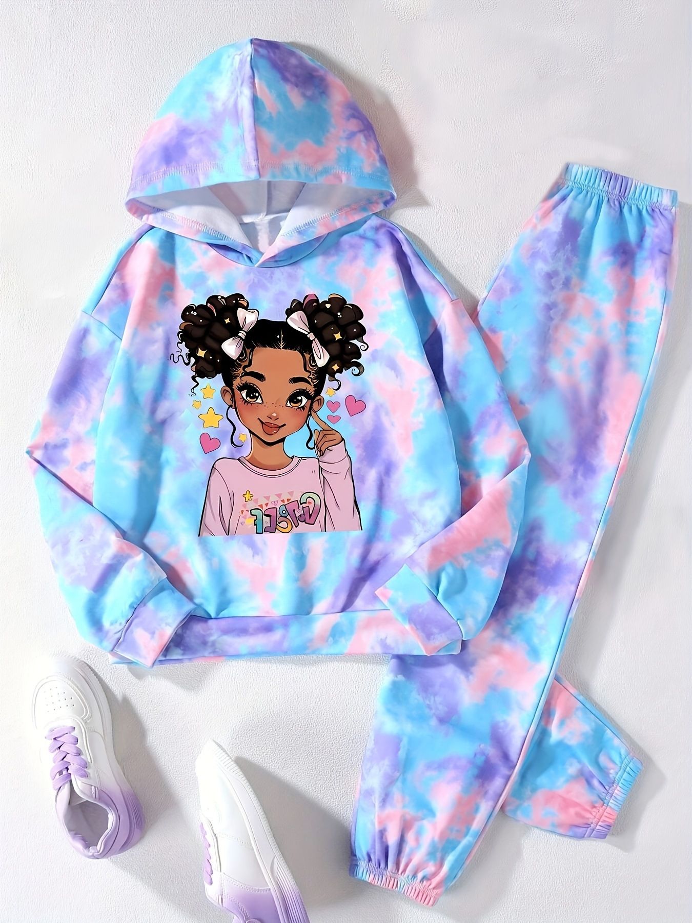 2-Piece Outfit for Ages 1-8 Years Old Girls Cool Girl Tie-Dye Printed Hoodie and Jogger Set for Kids Long Sleeve Top and Pants