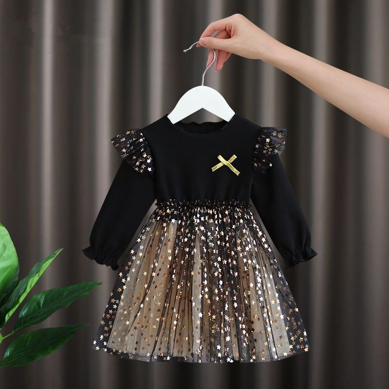 Baby Girls' Sleeveless Black Top Dress New Spring/Autumn Outfit Girls' Puffy Skirt Fashion Star Mesh Princess Dress