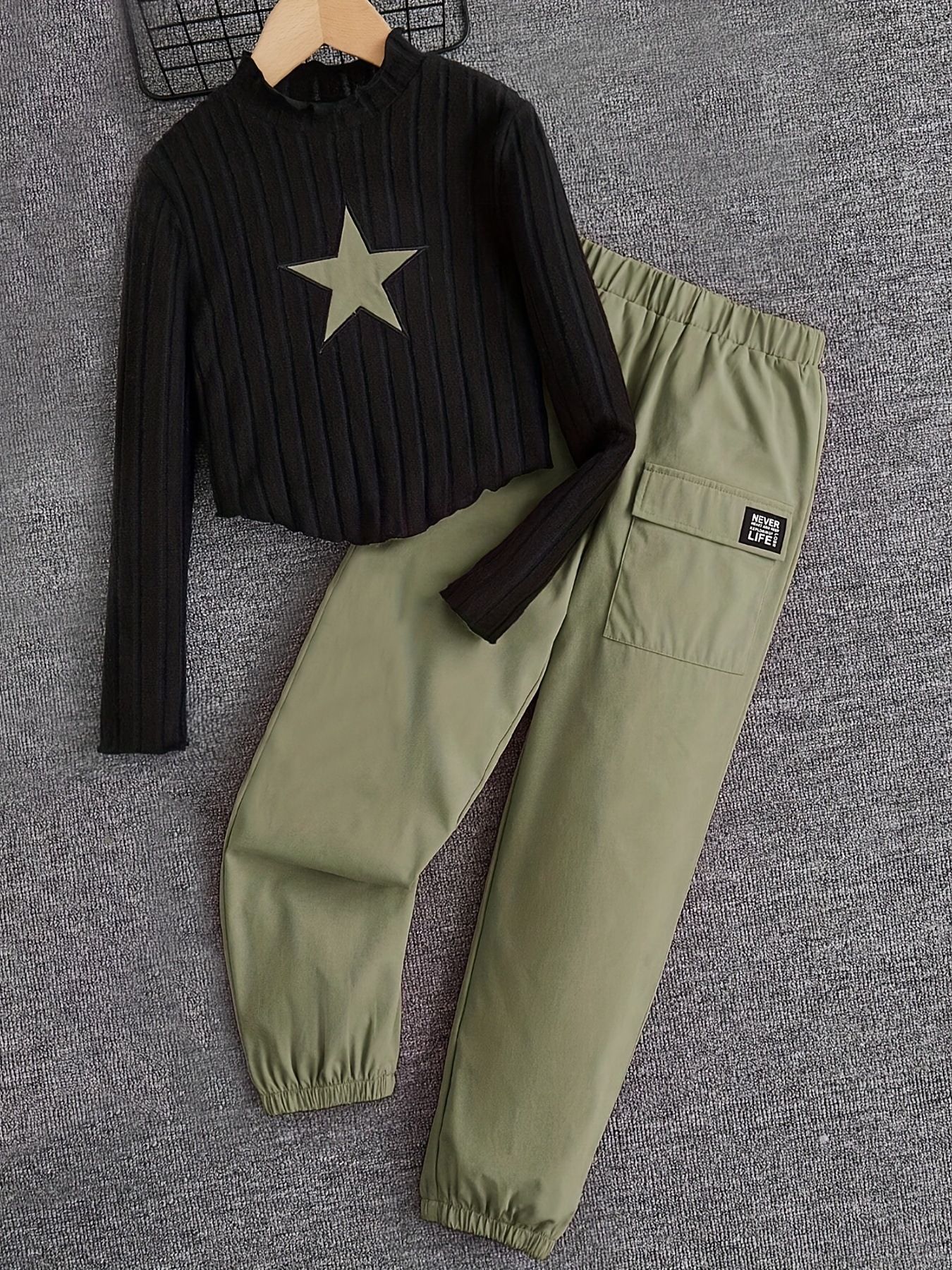 INS Girls Clothing Fashion Work Pants Grab Ribbed Warm Embroidered Top Casual Long Pants Long Sleeve Set