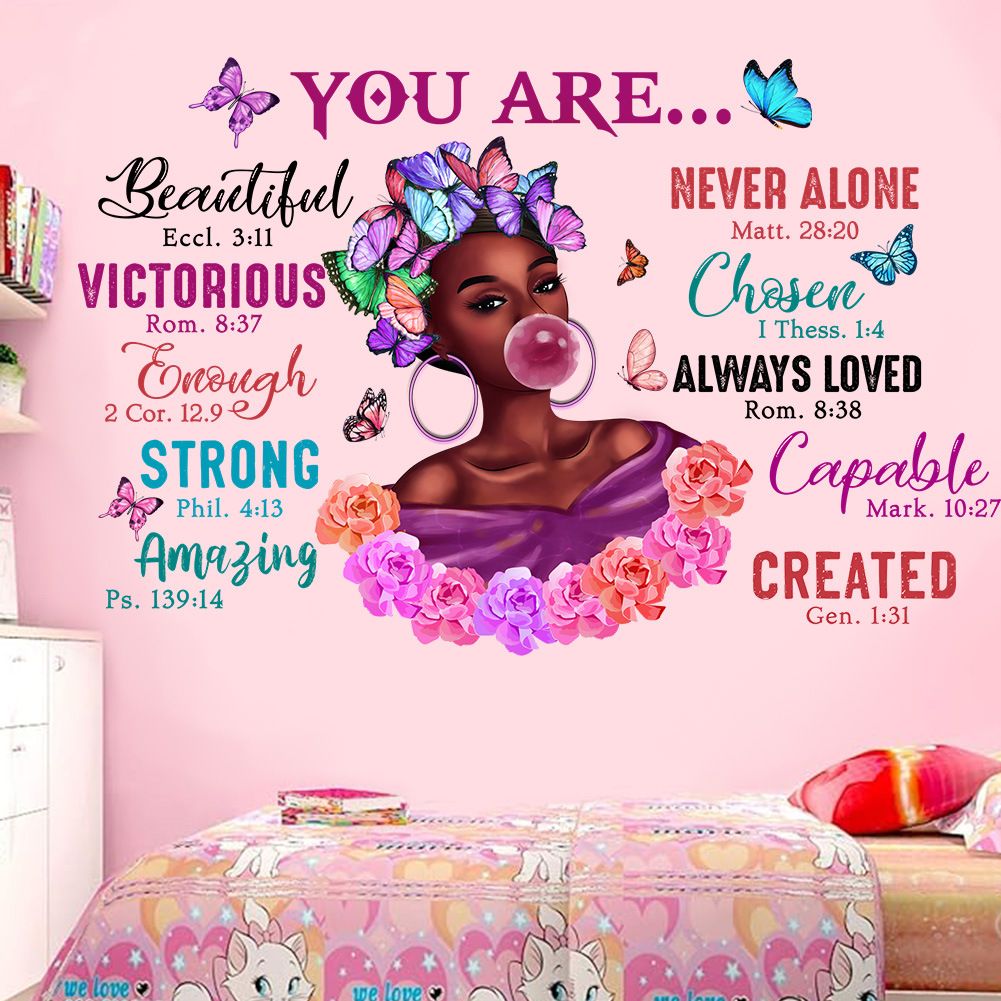 Cartoon Girl Wall Stickers Creative Colourful English Inspirational Text Stickers Bedroom Student Dormitory Decorative Wallpaper Self-adhesive