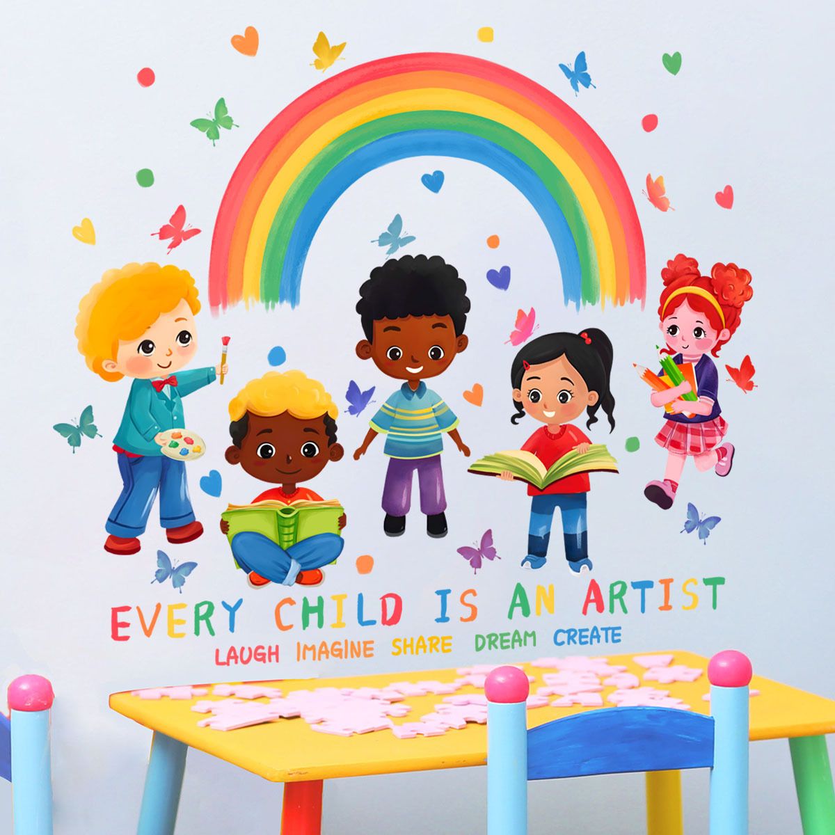 Kid's Room Kindergarten Decorative Stickers Cartoon English Rainbow Children's Butterfly Wall Stickers PVC Self-adhesive Sticker