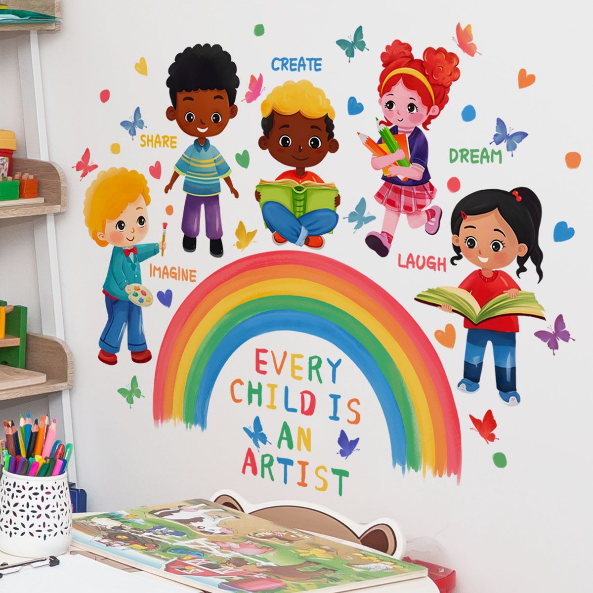 Kid's Room Kindergarten Decorative Stickers Cartoon English Rainbow Children's Butterfly Wall Stickers PVC Self-adhesive Sticker