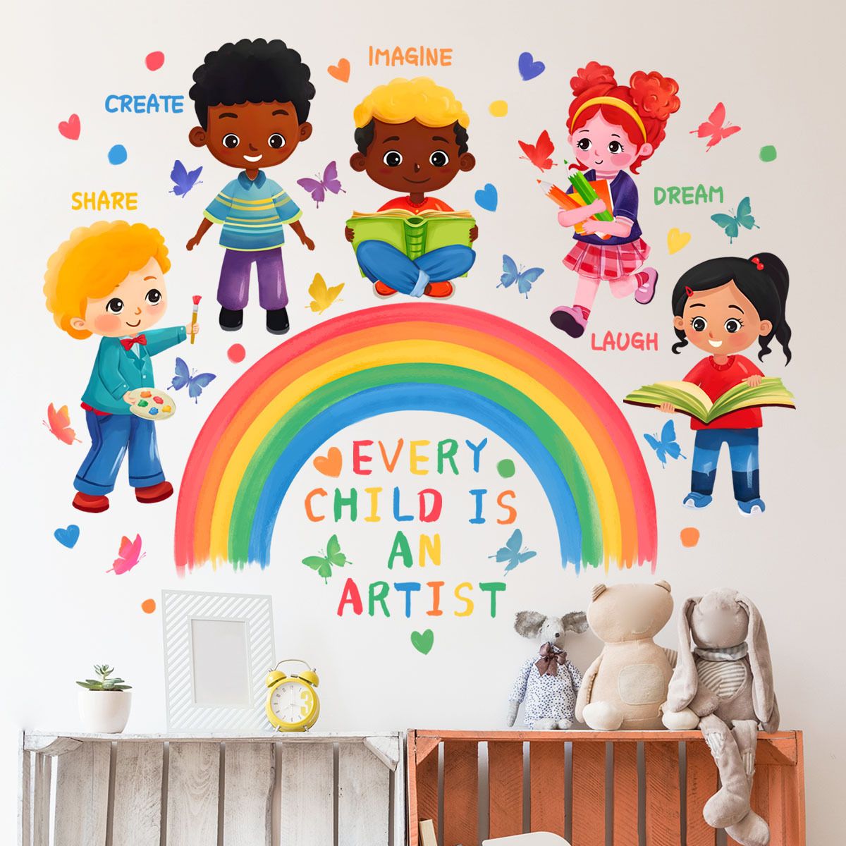 Kid's Room Kindergarten Decorative Stickers Cartoon English Rainbow Children's Butterfly Wall Stickers PVC Self-adhesive Sticker