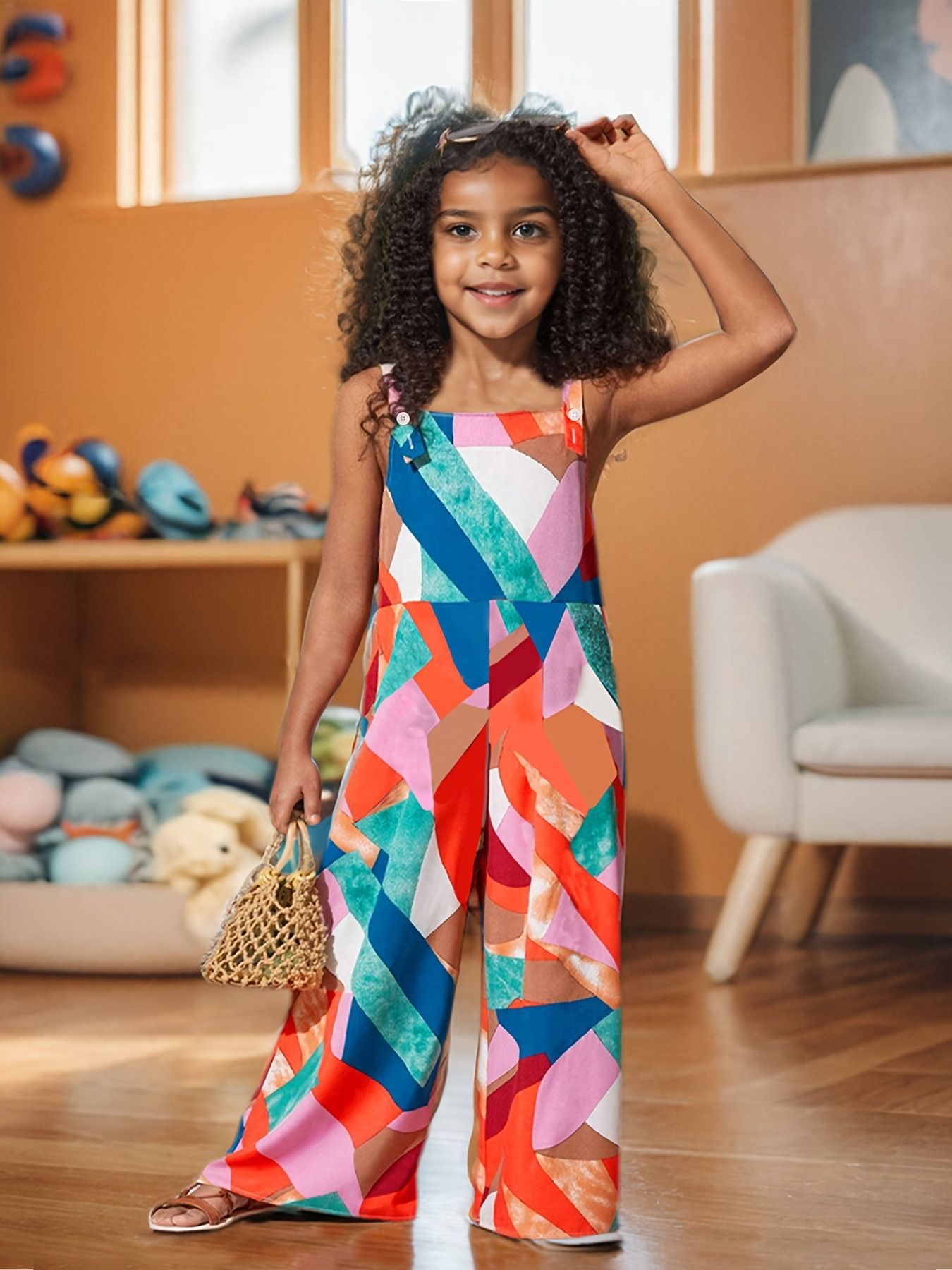INS Girls' Geometric Pattern Printed Jumpsuit Vacation Style Fashionable Summer Outfit Thin Girls' Clothing Suitable for 1-8 Years Children Clothing