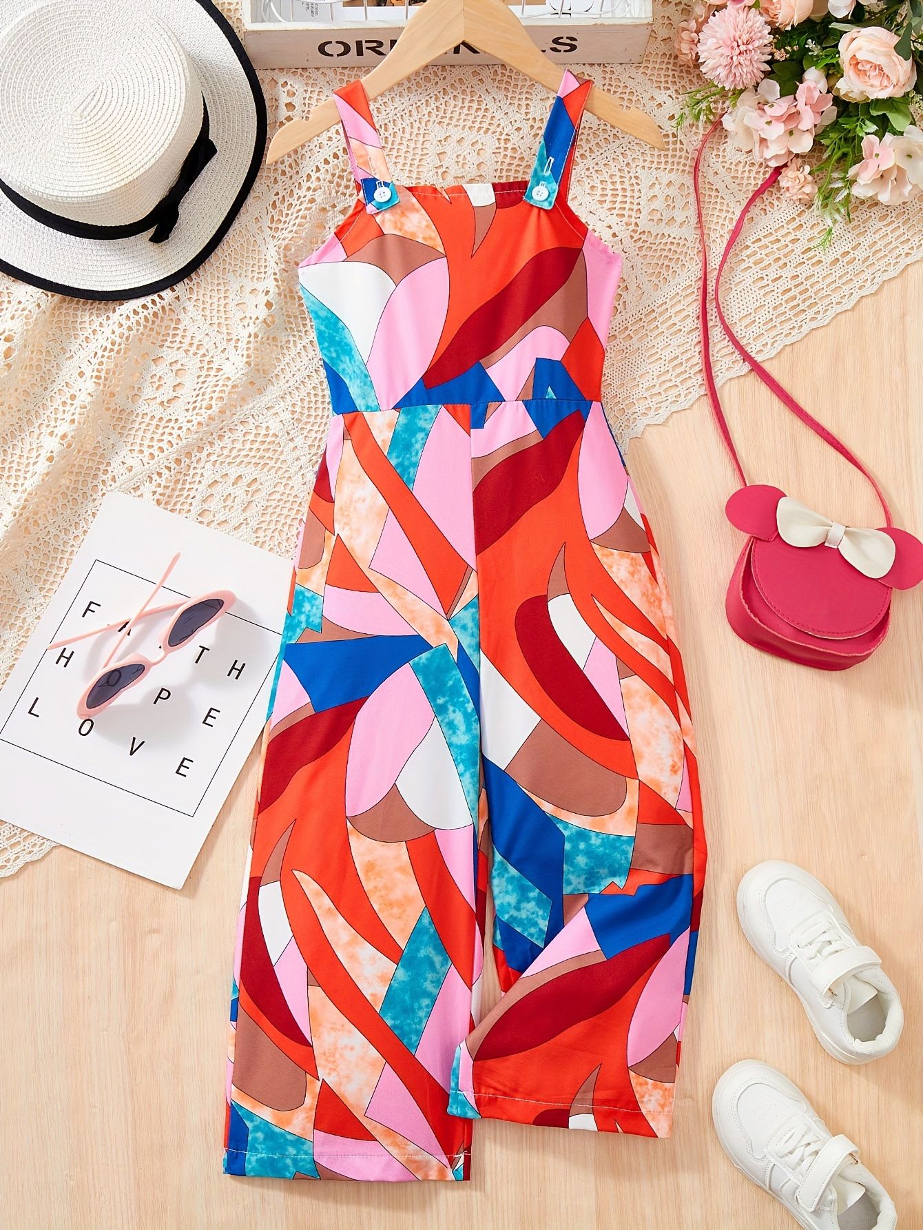 INS Girls' Geometric Pattern Printed Jumpsuit Vacation Style Fashionable Summer Outfit Thin Girls' Clothing Suitable for 1-8 Years Children Clothing