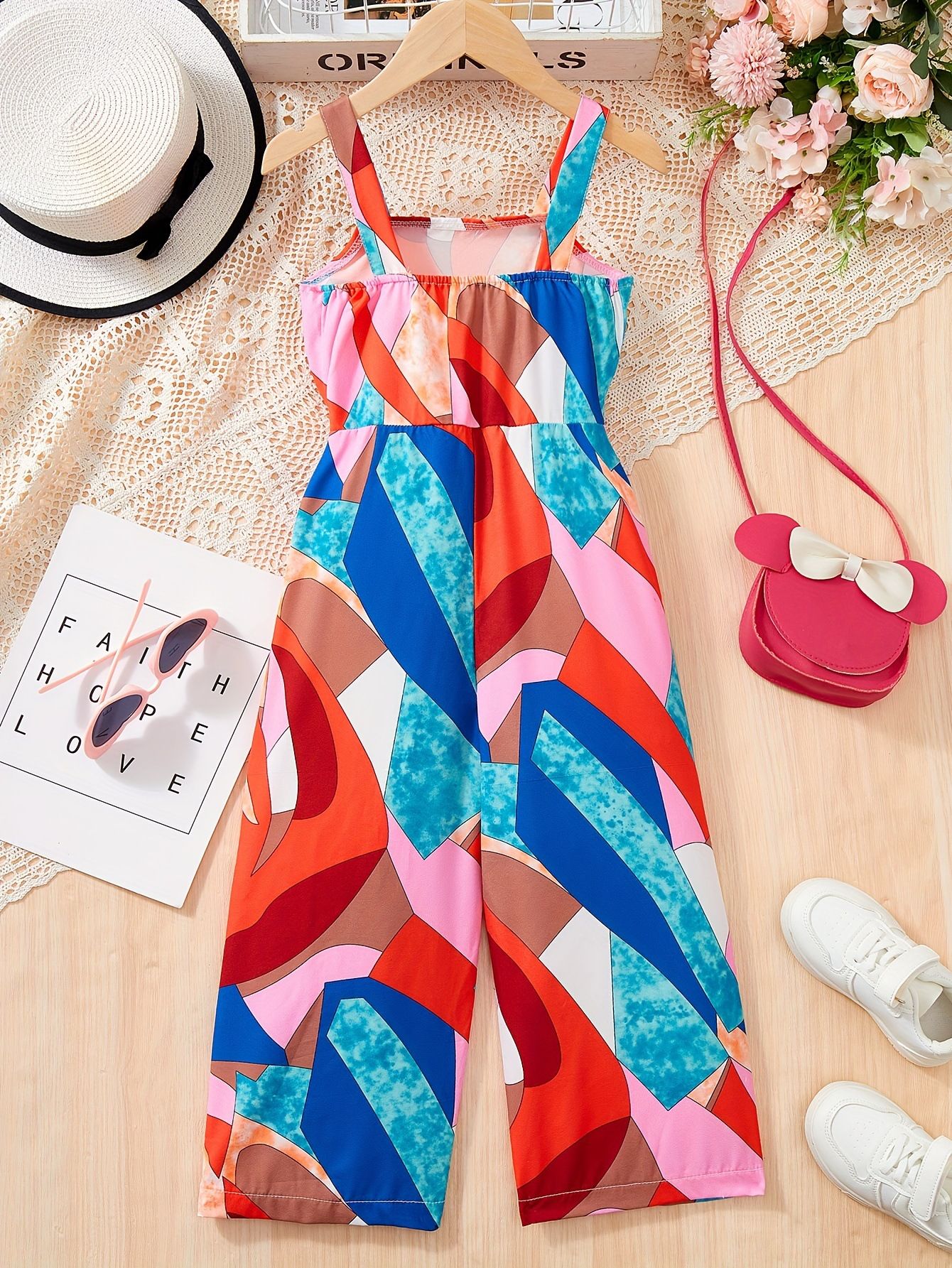 INS Girls' Geometric Pattern Printed Jumpsuit Vacation Style Fashionable Summer Outfit Thin Girls' Clothing Suitable for 1-8 Years Children Clothing
