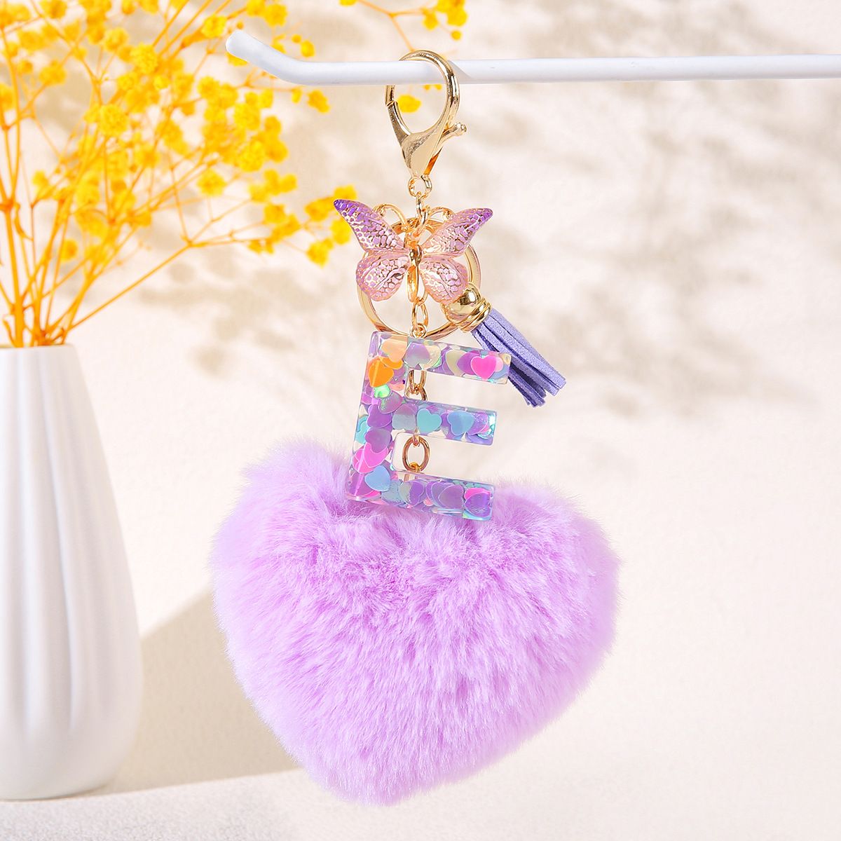 Cute Heart Pompom Keychain Custom A-Z Letters with Butterfly Charm Durable Backpack Gift for Students and Couples Backpack Car Key Accessories Lanyard Keyring Key Chain Backpack Clip