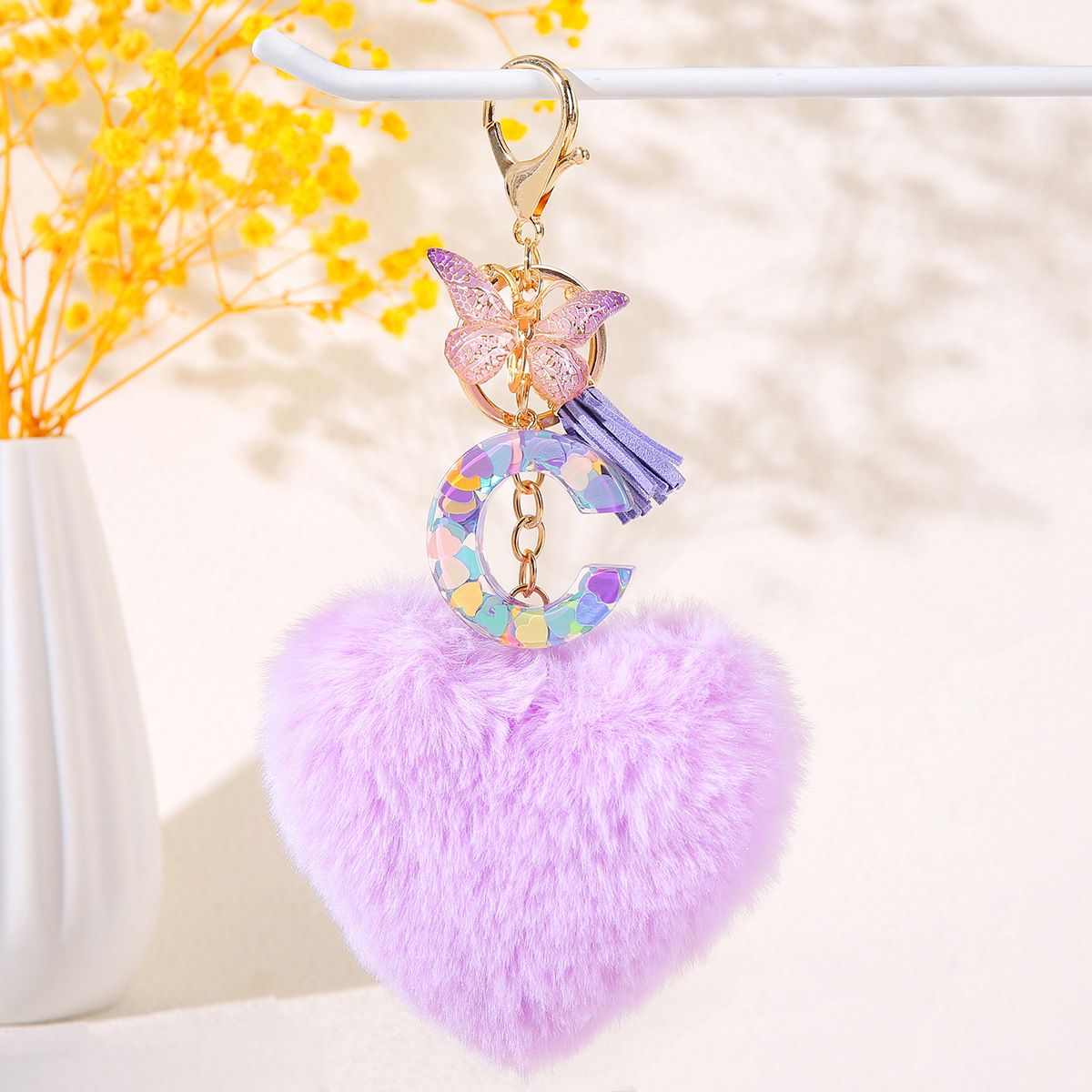 Cute Heart Pompom Keychain Custom A-Z Letters with Butterfly Charm Durable Backpack Gift for Students and Couples Backpack Car Key Accessories Lanyard Keyring Key Chain Backpack Clip
