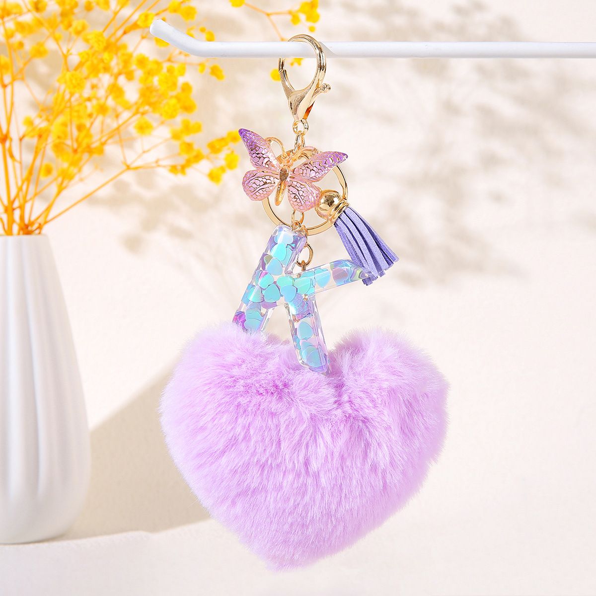 Cute Heart Pompom Keychain Custom A-Z Letters with Butterfly Charm Durable Backpack Gift for Students and Couples Backpack Car Key Accessories Lanyard Keyring Key Chain Backpack Clip