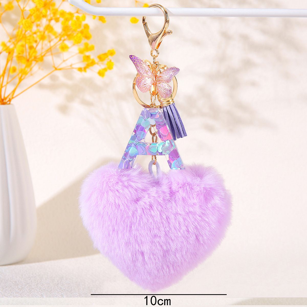 Cute Heart Pompom Keychain Custom A-Z Letters with Butterfly Charm Durable Backpack Gift for Students and Couples Backpack Car Key Accessories Lanyard Keyring Key Chain Backpack Clip