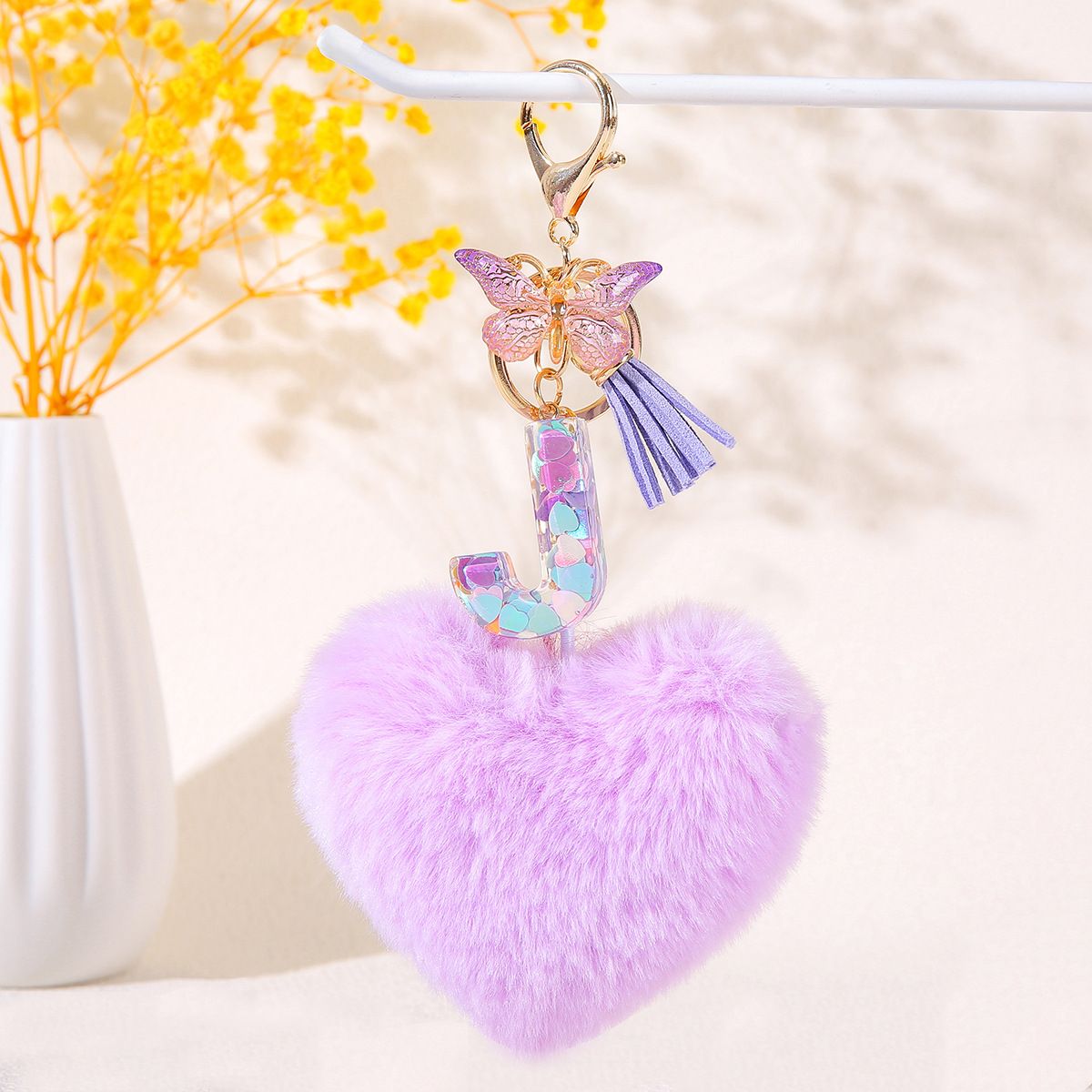 Cute Heart Pompom Keychain Custom A-Z Letters with Butterfly Charm Durable Backpack Gift for Students and Couples Backpack Car Key Accessories Lanyard Keyring Key Chain Backpack Clip