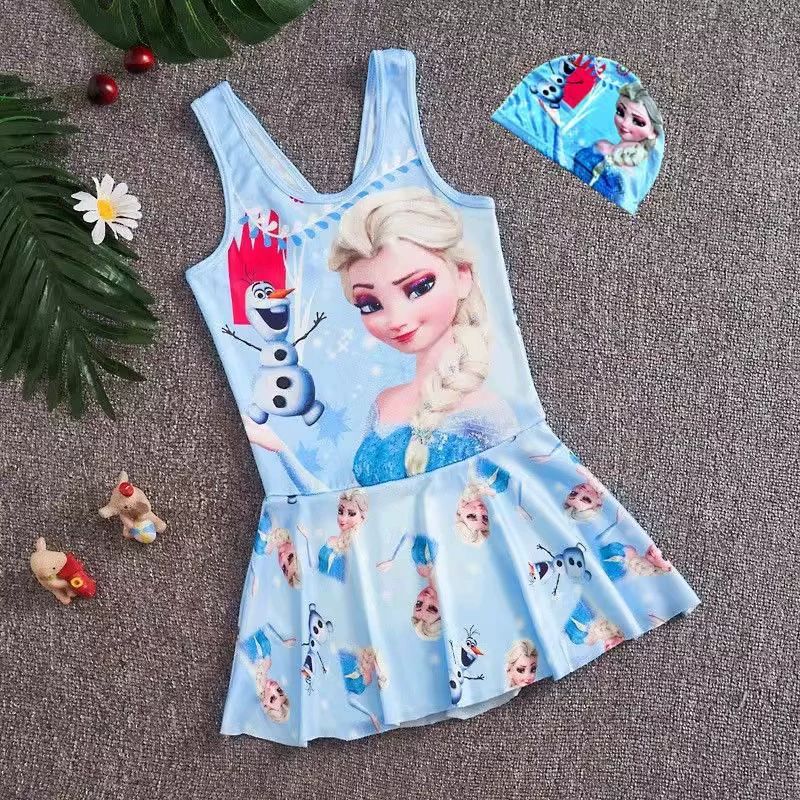 Princess Frozen Elsa Swimsuit Bathing Suit Toddler Girl Sleeveless Swimwear with Swim Cap Tank Top Short Skirt One Piece Swimsuit