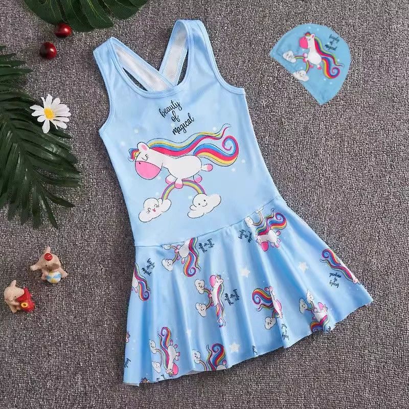 Princess Frozen Elsa Swimsuit Bathing Suit Toddler Girl Sleeveless Swimwear with Swim Cap Tank Top Short Skirt One Piece Swimsuit