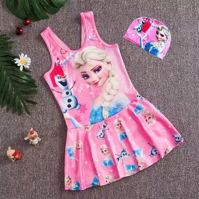 Princess Frozen Elsa Swimsuit Bathing Suit Toddler Girl Sleeveless Swimwear with Swim Cap Tank Top Short Skirt One Piece Swimsuit