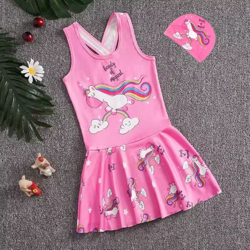 Princess Frozen Elsa Swimsuit Bathing Suit Toddler Girl Sleeveless Swimwear with Swim Cap Tank Top Short Skirt One Piece Swimsuit