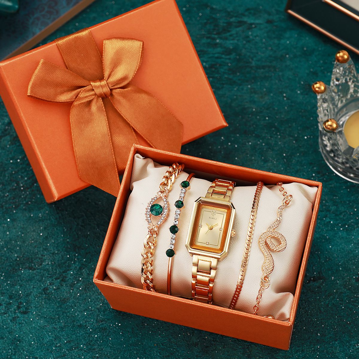 2025 New Women's Wrist Watch Square Steel Strap Watch Emerald Crystal Snake Design Bracelet 5-Piece Luxury Jewelry Set with Gift Box for Ladies