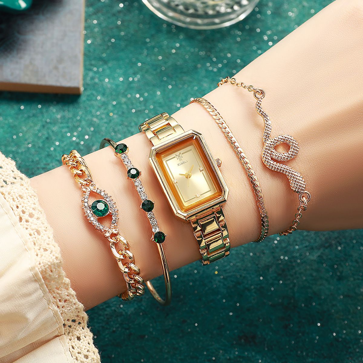 2025 New Women's Wrist Watch Square Steel Strap Watch Emerald Crystal Snake Design Bracelet 5-Piece Luxury Jewelry Set with Gift Box for Ladies