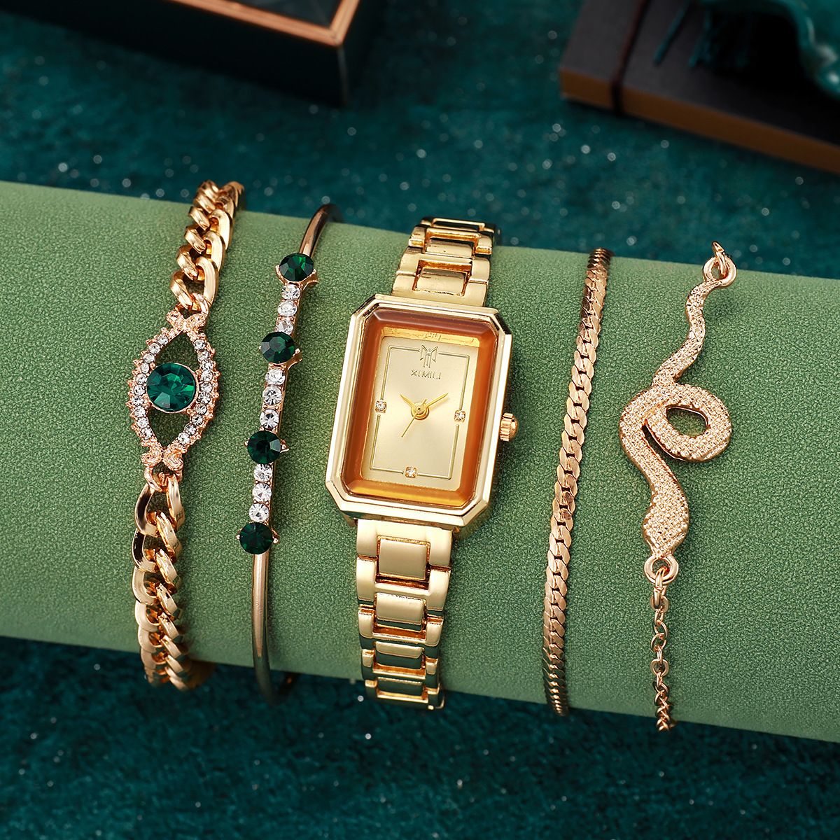 2025 New Women's Wrist Watch Square Steel Strap Watch Emerald Crystal Snake Design Bracelet 5-Piece Luxury Jewelry Set with Gift Box for Ladies
