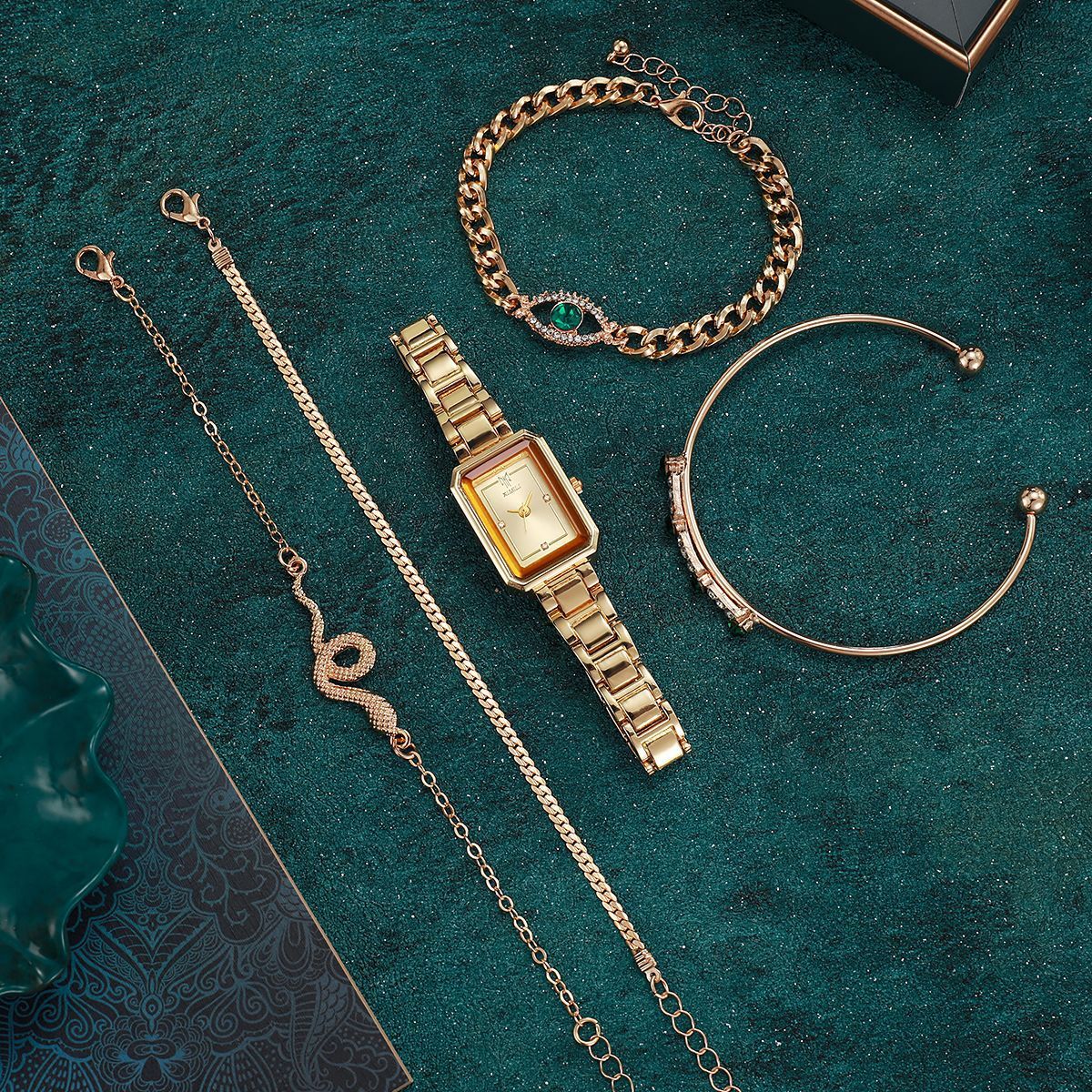 2025 New Women's Wrist Watch Square Steel Strap Watch Emerald Crystal Snake Design Bracelet 5-Piece Luxury Jewelry Set with Gift Box for Ladies