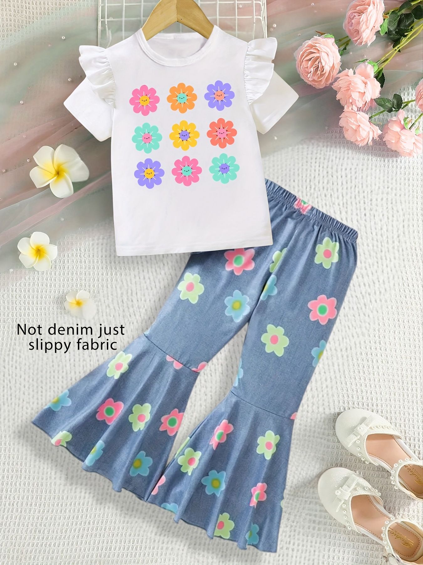 New Girls Clothing Set INS Style Girls' Floral Printed Set Stretchy Bell-Bottom Pants Round Neck Top Summer Casual Outfit for Ages 1-8 Kids