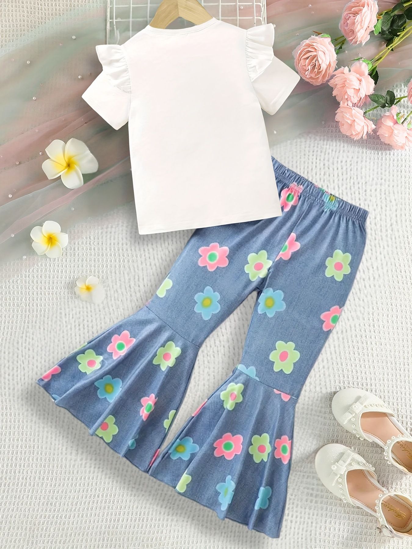New Girls Clothing Set INS Style Girls' Floral Printed Set Stretchy Bell-Bottom Pants Round Neck Top Summer Casual Outfit for Ages 1-8 Kids