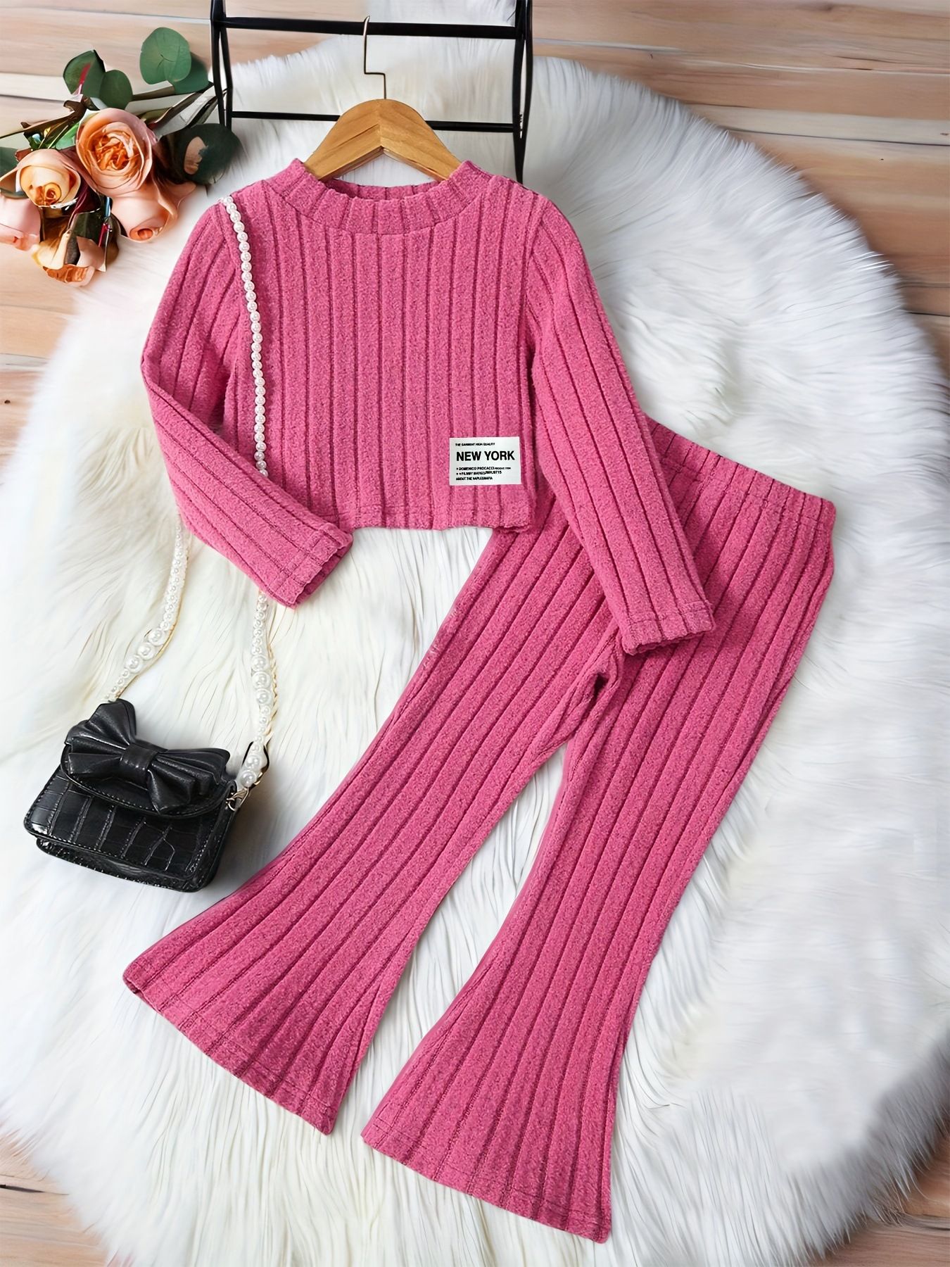 2 Pcs Set Girl's Warm Outfit Fashion Kids Clothes Long Sleeves Top and Bell-Bottom Pants Wide Stripe Design Tee Stretch Pants High Waist Flare Pants Children Clothing Set