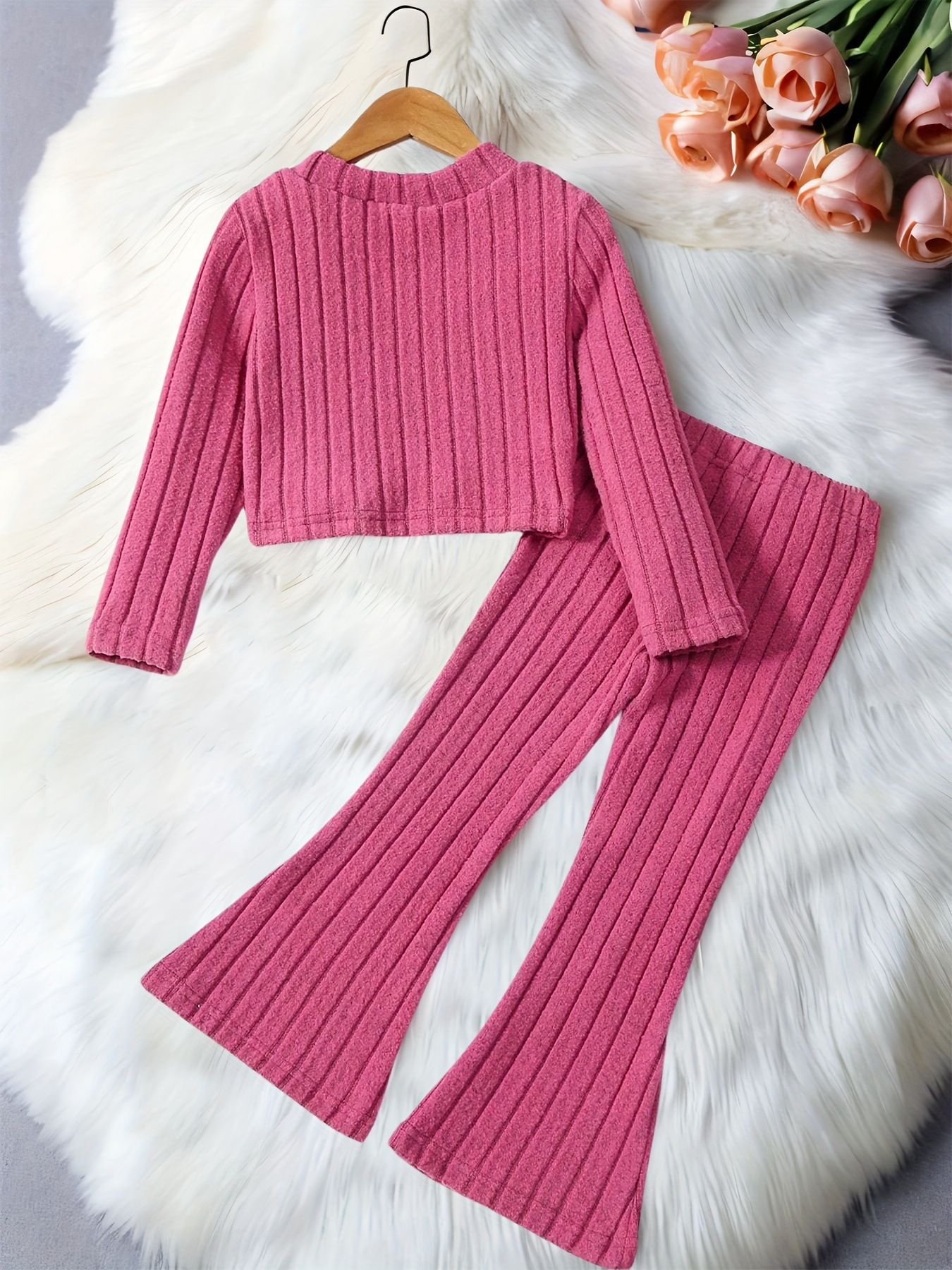 2 Pcs Set Girl's Warm Outfit Fashion Kids Clothes Long Sleeves Top and Bell-Bottom Pants Wide Stripe Design Tee Stretch Pants High Waist Flare Pants Children Clothing Set