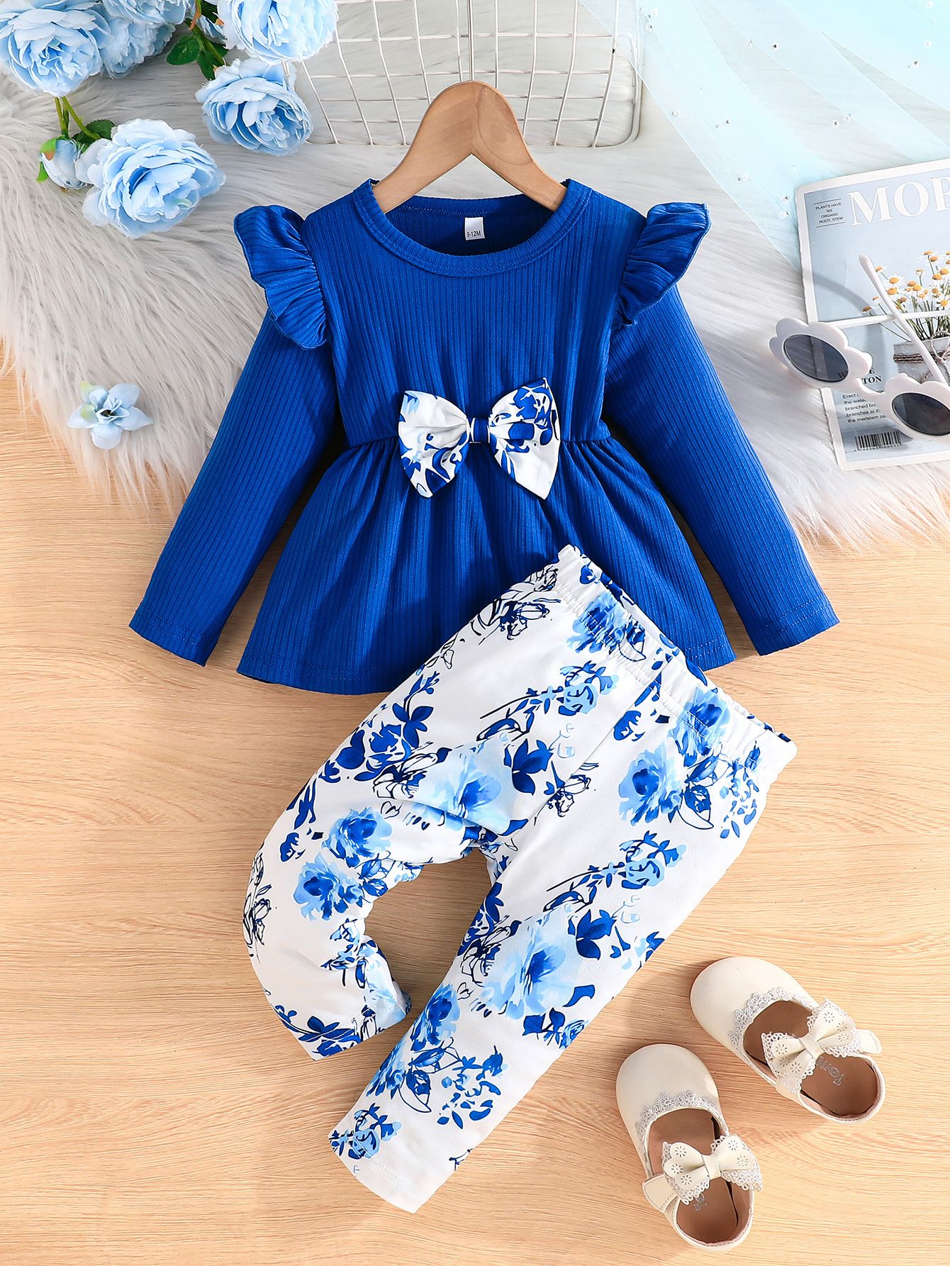 Baby Girls' Outfit Ruffled Tops and Floral Pants Set Breathable Cotton for 3M-3Y Toddler Girls' 2-Piece Set Bow Tops with Rose Print Bottoms Soft Playtime Wear