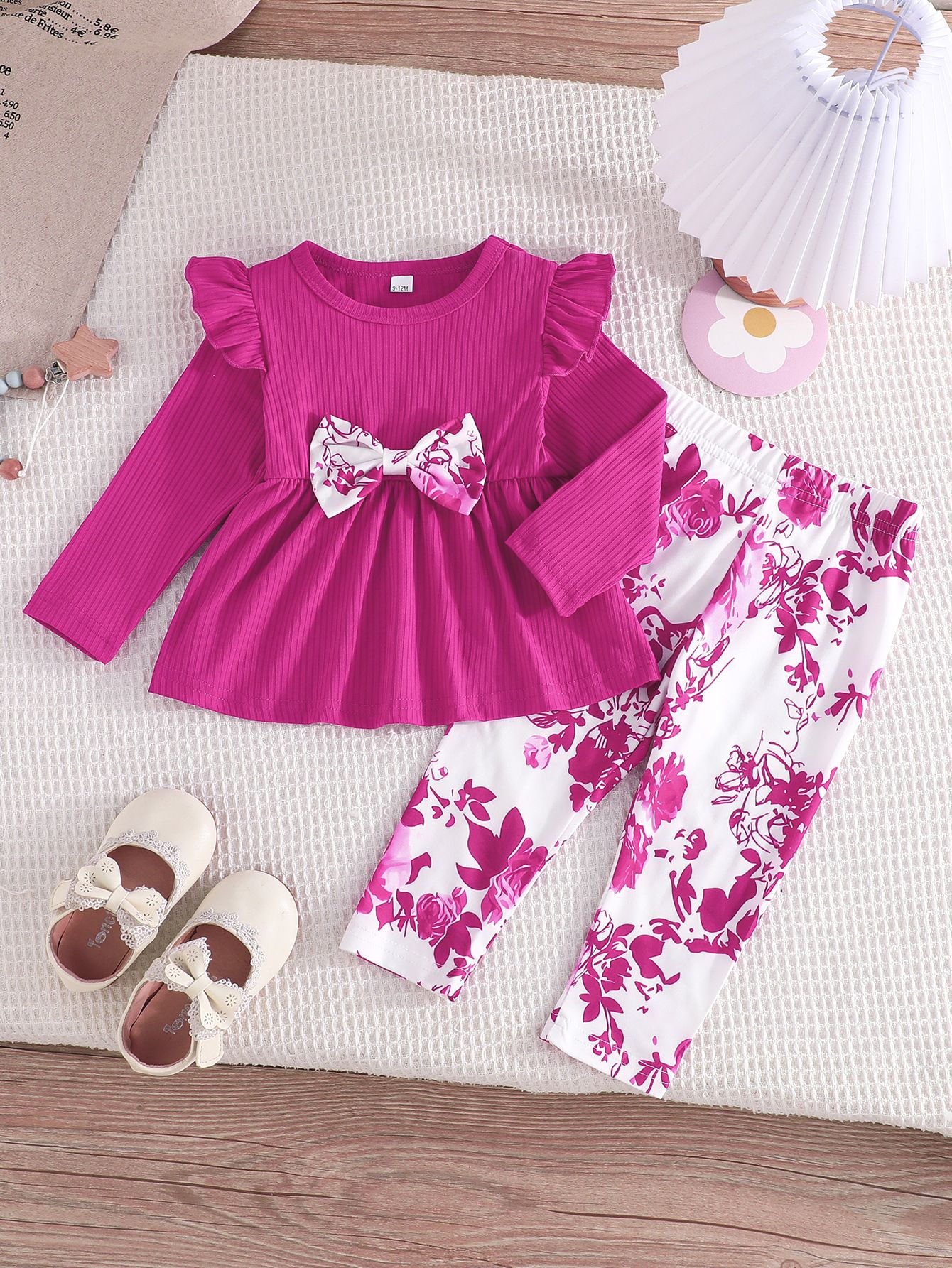 Baby Girls' Outfit Ruffled Tops and Floral Pants Set Breathable Cotton for 3M-3Y Toddler Girls' 2-Piece Set Bow Tops with Rose Print Bottoms Soft Playtime Wear