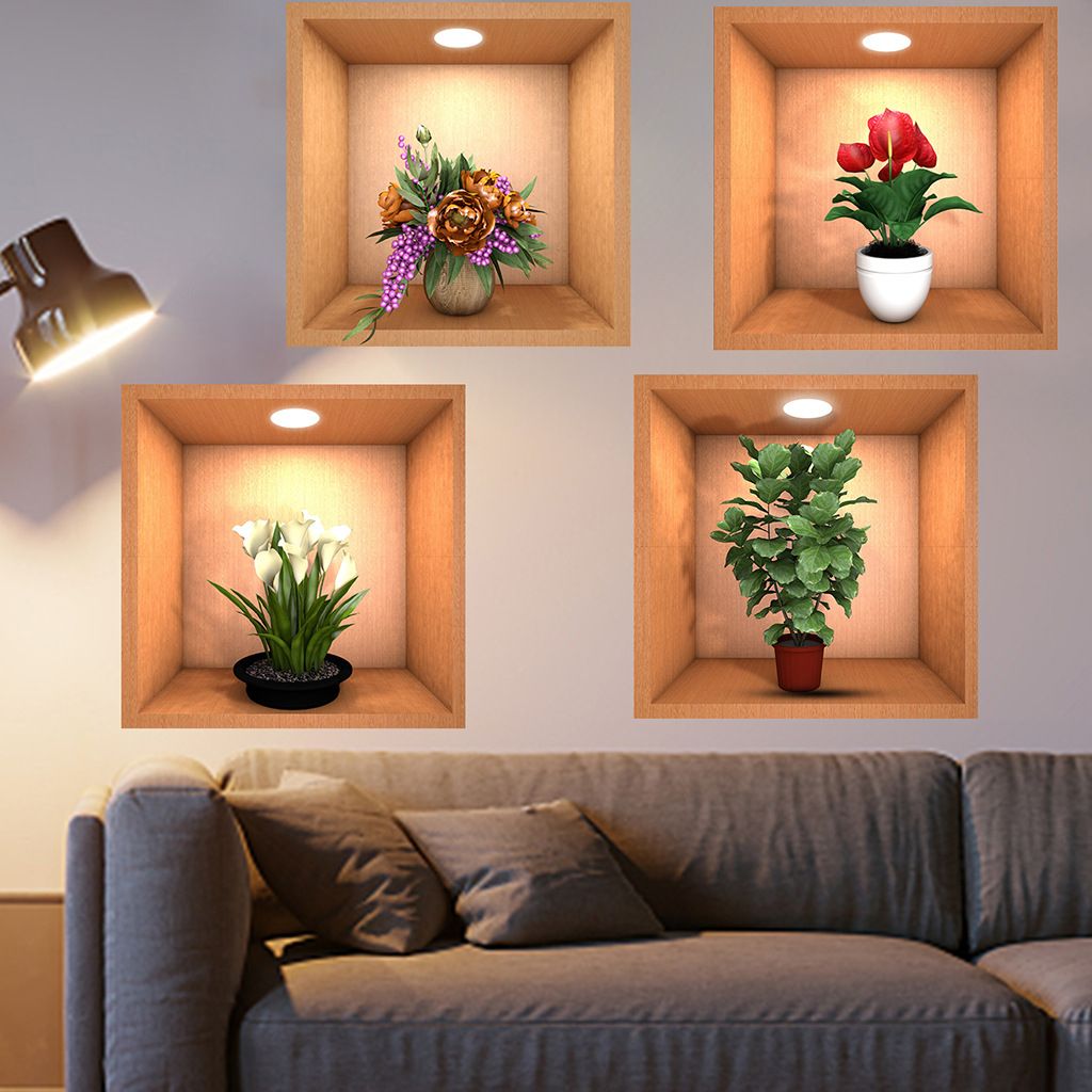 3D Botanical Wall Decals Removable Self-Adhesive PVC Stickers with Potted Plant Art Floral Bonsai Home Decor for Living Room Wall Art Stickers for Interior Design