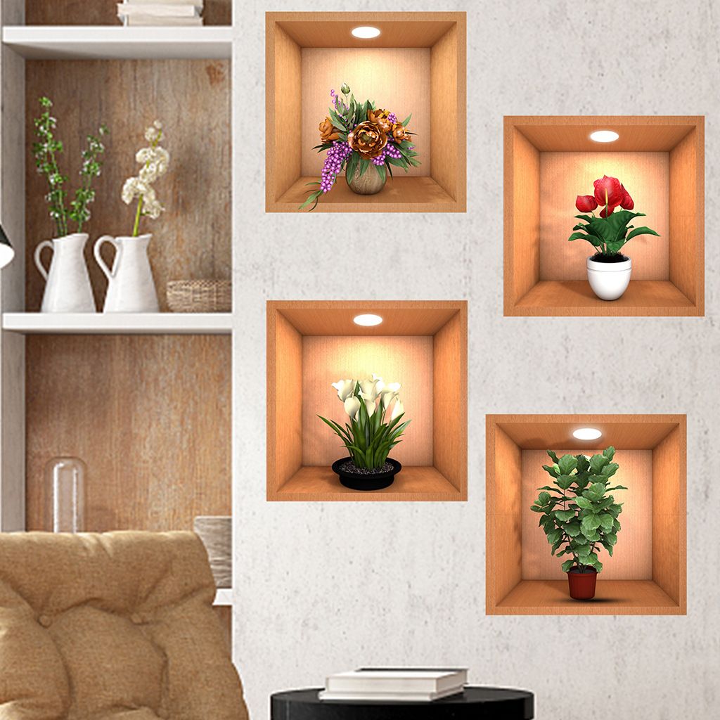3D Botanical Wall Decals Removable Self-Adhesive PVC Stickers with Potted Plant Art Floral Bonsai Home Decor for Living Room Wall Art Stickers for Interior Design