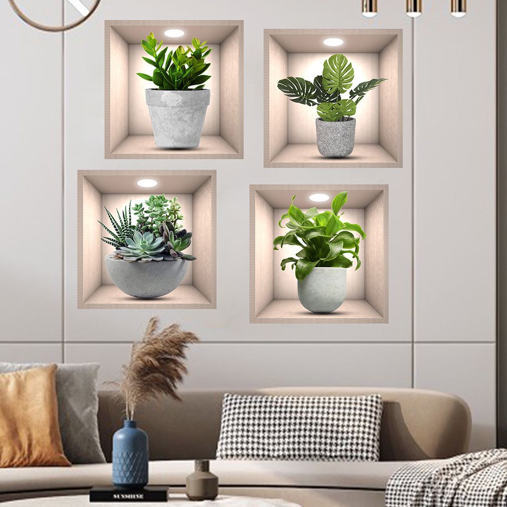 3D Botanical Wall Decals Removable Self-Adhesive PVC Stickers with Potted Plant Art Floral Bonsai Home Decor for Living Room Wall Art Stickers for Interior Design